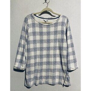 J Jill Top Womens Large Blue White Buffalo Plaid Zipper Accent Stretch Knit